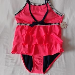 Justice Girls Pink and Navy Ruffle Swimsuit